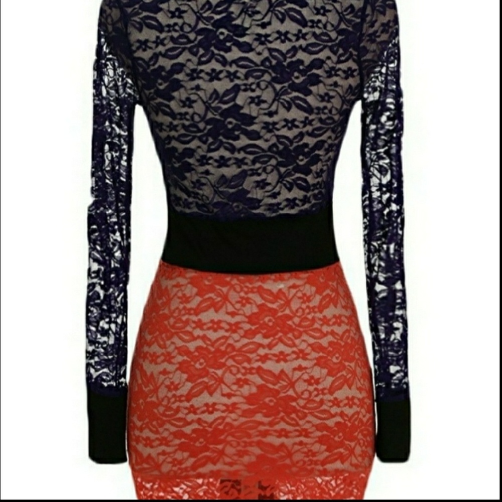 Long Sleeve Mesh Purple/Orange Color Block Dress - Picture 4 of 6